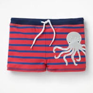 Mini Boden 8-9 boys swim trunks orange blue striped octopus pool beach cruise